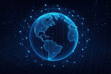 Fototapeta premium Global Network Connectivity Visualization With Digital Grid And Connected Nodes Around Earth Representing Internet Technology