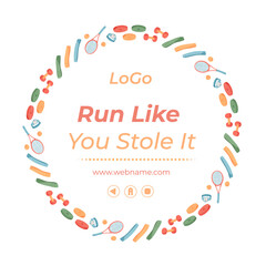 Colorful flat fitness border design with sport equipment like tennis racket and gym tools. Workout banner background with trendy decor and modern pattern decoration.