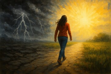 Silhouette of woman walking through storm towards bright horizon symbolizing new beginnings and hope