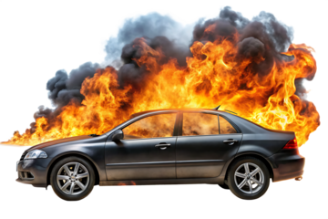 Dark Gray Sedan engulfed in Fiery Orange and Yellow Flames and Thick Gray Smoke Side View A I G E N E R A T E D - P N G isolated on a transparent background