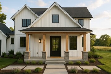 Modern Farmhouse Exterior Architecture With Front Door Porch And Contemporary Residential Design For Country Living Lifestyle