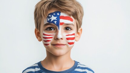 Boy has flag painted on face, patriotic theme