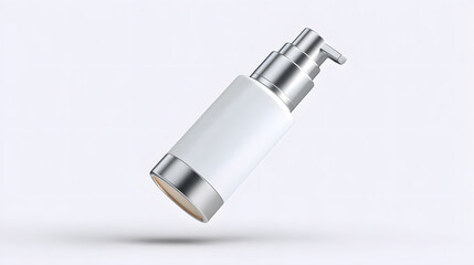 Sleek, modern skincare product mockup featuring tall, white bottle with silver pump, floating against light background. minimalist design emphasizes elegance