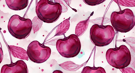Watercolor cherry print pattern, simple background. Cherry print,  watercolor background, paper texture, hand drawn print.