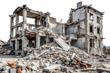 Daylit Remains of a Destroyed Multistory Building Grey Concrete Rubble and Debris Pile Isolated on a transparent background