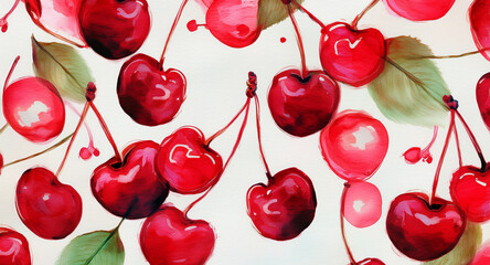 Watercolor cherry print pattern, simple background. Cherry print,  watercolor background, paper texture, hand drawn print.
