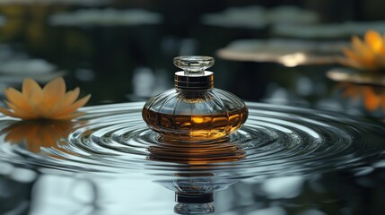 Glass perfume bottle surrounded by ripples in pond with water lilies
