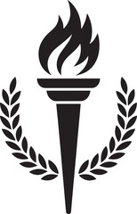 Black and white torch illustration with a laurel wreath representing victory and achievement