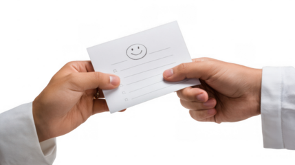 Doctor receiving a satisfaction survey with positive feedback from a patient, featuring a checklist and a smiley face, isolated on transparent background