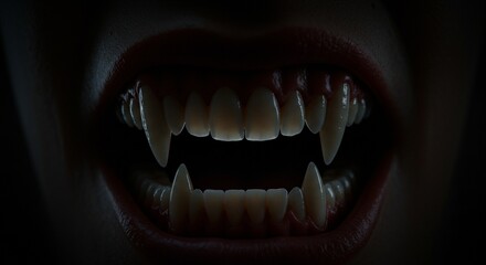Naklejka premium Closeup of fangs vampire teeth dark mysterious horror image lip art fear evil scary blood night macro
