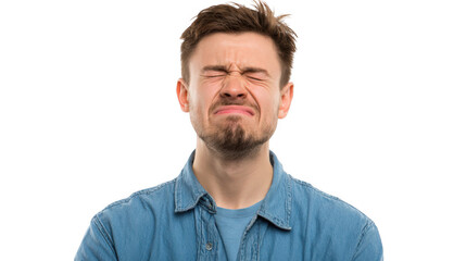 Obraz premium Casual young man groaning with closed eyes, displaying a suffering expression, isolated on a transparent background. Emotion reflects discomfort, frustration, and tension