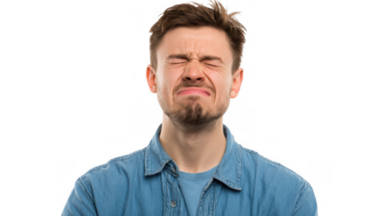 Casual young man groaning with closed eyes, displaying a suffering expression, isolated on a transparent background. Emotion reflects discomfort, frustration, and tension