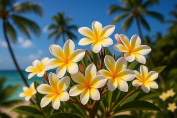Fototapeta premium Beautiful Frangipani Flower Background With Tropical Plumeria Blossoms And Exotic Island Paradise Setting For Vacation And Travel