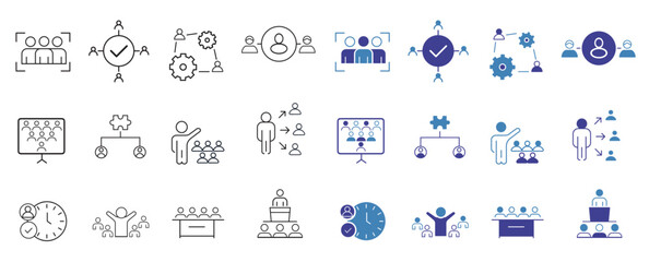 Team line and solid icon set. Business team building, Work group, cooperation, coaching, problem solving, education and collaboration icons. UI icons set. Editable vector illustration