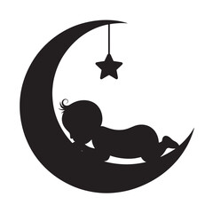 Silhouette of a baby resting on a crescent moon with a hanging star design