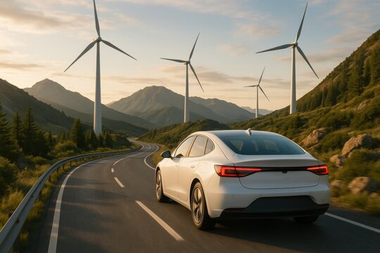 Fototapeta Electric car driving past renewable wind turbines representing sustainable transportation and clean energy