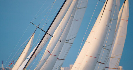 Fototapeta premium Few sails of sailboats at the sailing regatta in the Gulf of Finland at sunset, hot race of several yachts, nobody