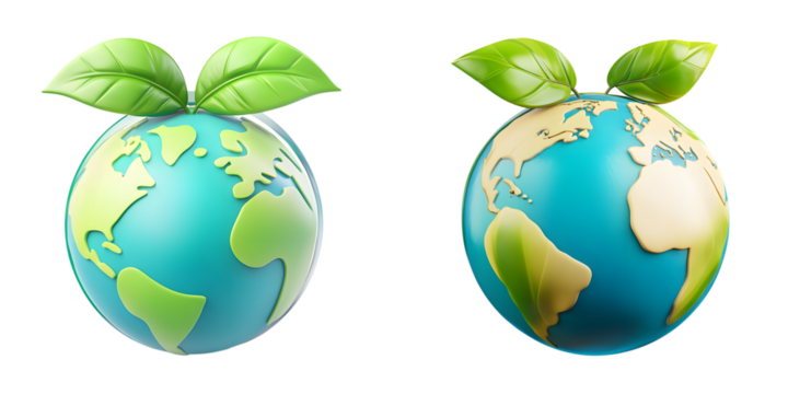 Two vibrant cartoon globes sprout verdant leaves, isolated on transparent background
