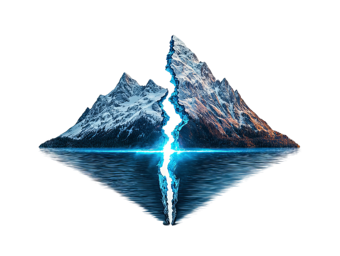 Surreal ice mountains split by glowing light, reflecting in serene water, creating a mystical atmosphere.