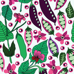purple and green snap peas pods with pink flowers and leaves with pink pea seeds seamless pattern. It is good for fabric, textile, packaging, decorations, wrapping and more.