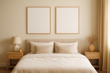 Minimalist bedroom with empty picture frames for home decor and interior design mockup