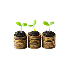 Three Stacked Gold Coin Towers Symbolizing Financial Growth, Isolated on Transparent Background, png