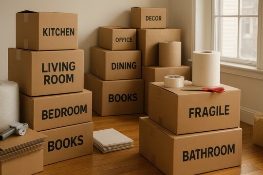 Fototapeta Moving day scene with packed cardboard boxes ready for relocation showcasing residential moving services and real estate transitions