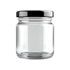 Empty cylindrical glass jar with glossy black metal lid, clean transparent container for food storage, Ideal for Mockups and Product Display, Isolated on transparent background,png