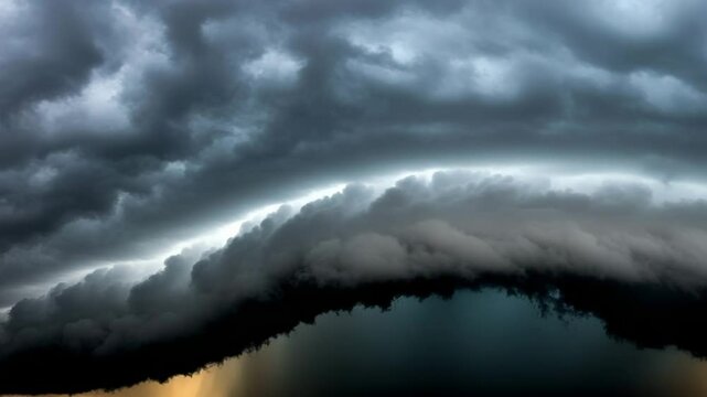 Dark storm clouds reflecting on calm water at sunset  