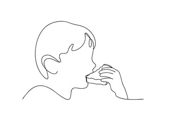 Child eating sandwich continuous line drawing minimalist illustration