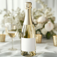 Champagne bottle mockup with blank label and floral wedding setup for bridesmaid proposal.