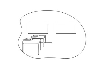 Simple continuous-line drawing empty classroom two desks books
