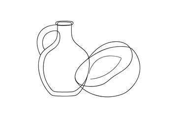 Continuous-line drawing of a jug and apricot