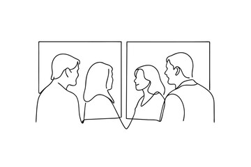 Continuous-line drawing two couples facing each other