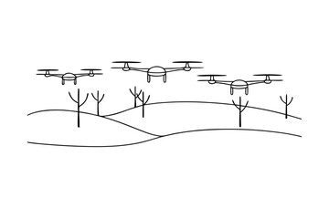 Three drones flying over rolling hills continuous-line drawing