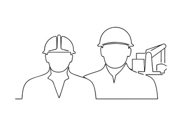 Two construction workers continuous-line drawing industrial site