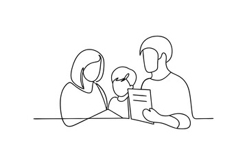 Happy family reading together continuous-line art illustration
