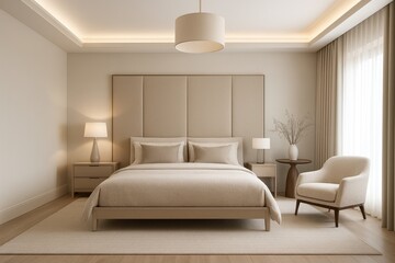 Fototapeta premium Sleek contemporary master bedroom with neutral color palette and sophisticated minimalist design