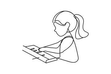 Young girl playing keyboard continuous line drawing