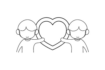 Two children embrace large heart continuous-line drawing