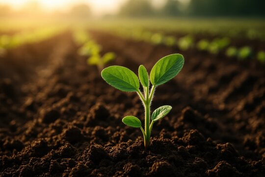 Vulnerable soybean seedling reaching toward sunlight in agricultural field representing sustainable farming and crop cultivation