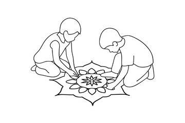 Two children creating a mandala design continuous-line drawing