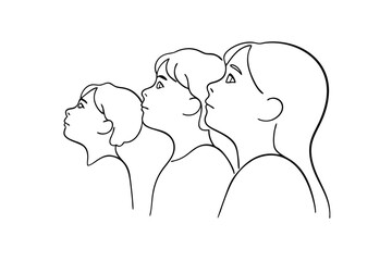 Three girls looking up continuous-line drawing minimalist art