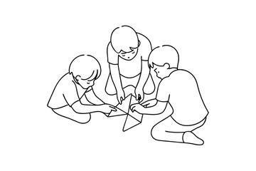 Three children collaboratively folding origami together continuous-line drawing