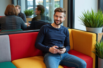man smiles while using his smartphone, sitting on a colorful sofa in a relaxed and modern co-working space, while colleagues meet in the background, showing a dynamic and collaborative work culture