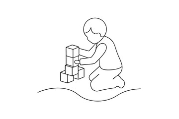 Child playing with blocks continuous line drawing simple illustration