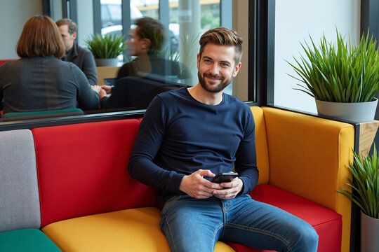 man smiles while using his smartphone, sitting on a colorful sofa in a relaxed and modern co-working space, while colleagues meet in the background, showing a dynamic and collaborative work culture