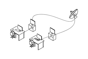 Networked computers connected via continous-line to satellite dish