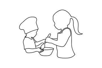 Two children baking together continuous line art illustration