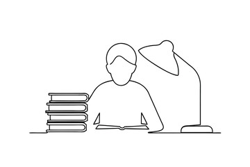 Person studying with books and desk lamp continuous-line drawing